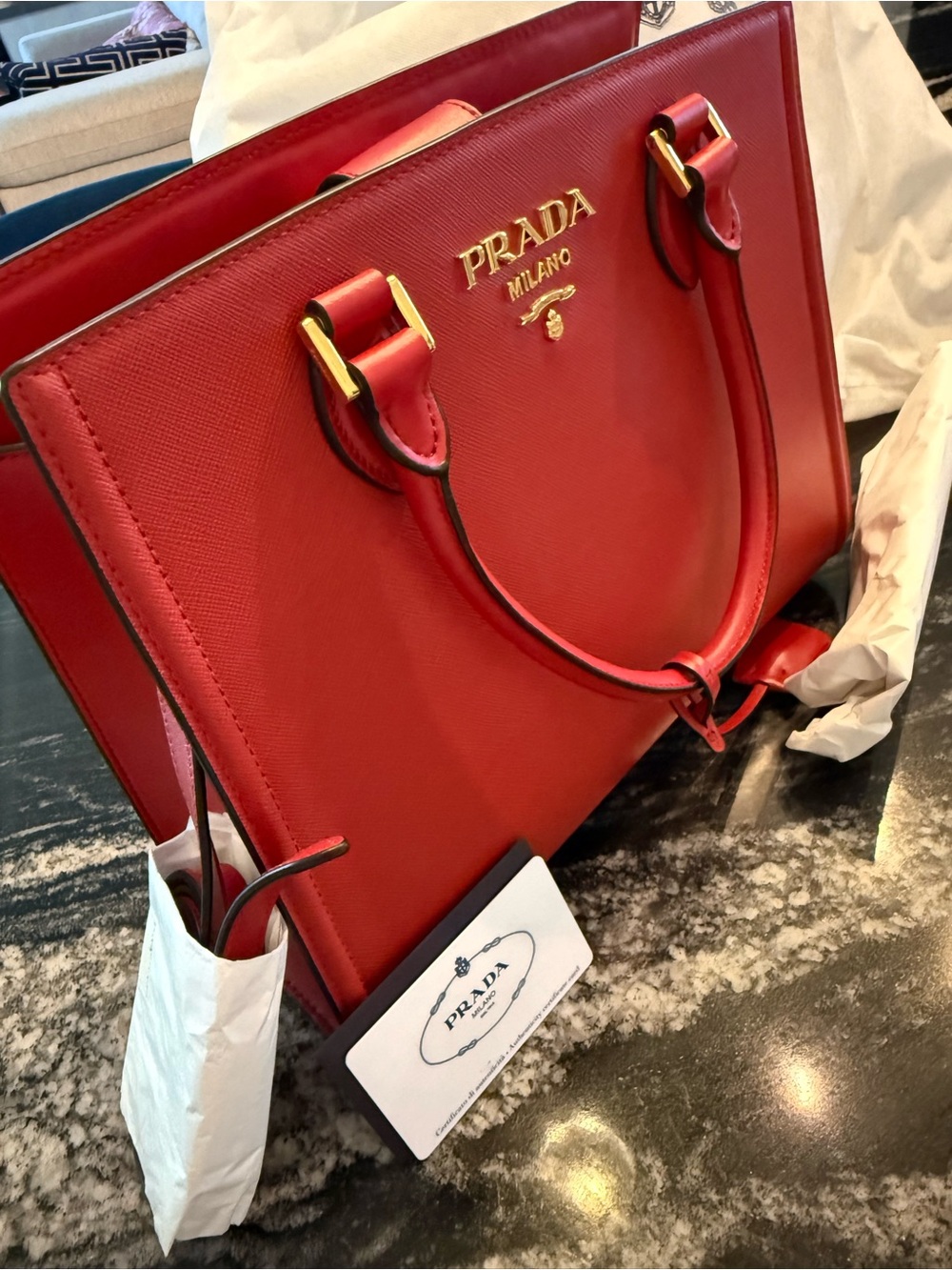 Prada Red Saffiano Leather Tote with Gold Hardware